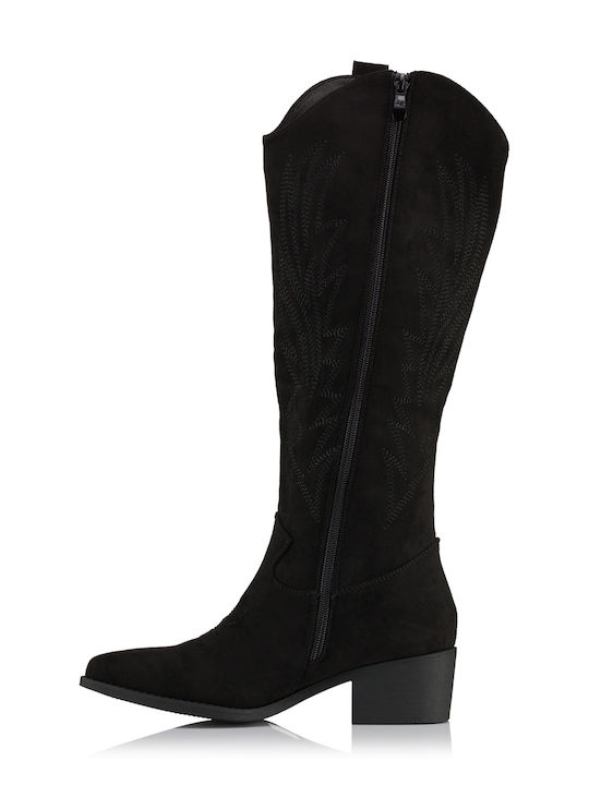 Suede Cowboy Boots with Zipper Black