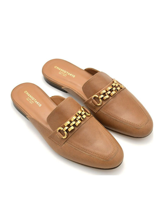 Leather Mules with Heel in Tabac Brown Color