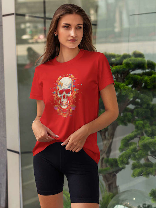 Futuristic Skull Artwork T-shirt Red Cotton