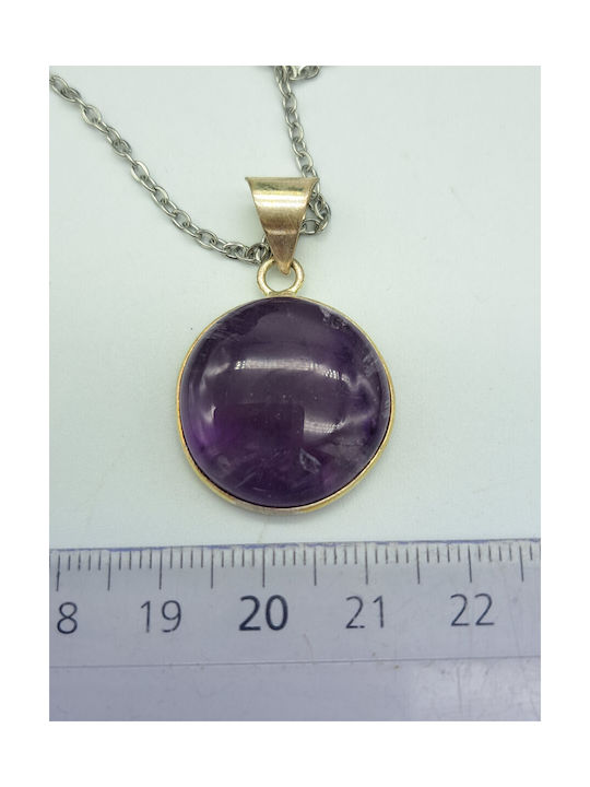 Silver-Plated Amethyst Circle Cabochon Cut Necklace