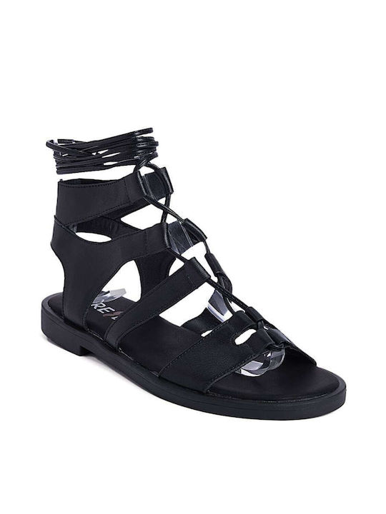 Keep Fred Leather Women's Flat Sandals with Strap in Black Color