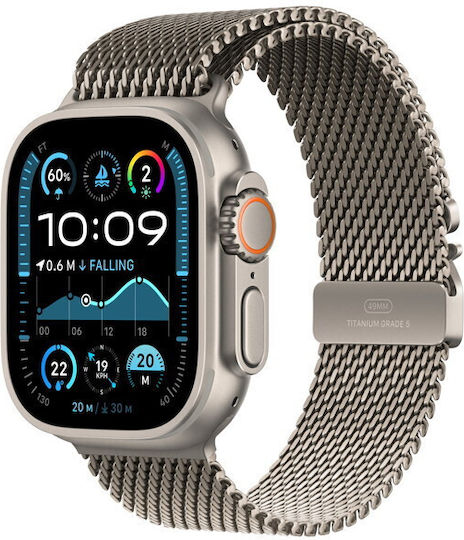 Apple Watch Ultra 2 Titanium 49mm Waterproof with eSIM and Heart Rate Monitor (Natural with Natural Titanium Milanese Loop - Large)