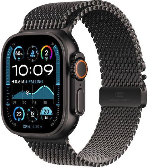 Apple Watch Ultra 2 Titanium 49mm Waterproof with eSIM and Heart Rate Monitor (Black with Black Titanium Milanese Loop - Small)