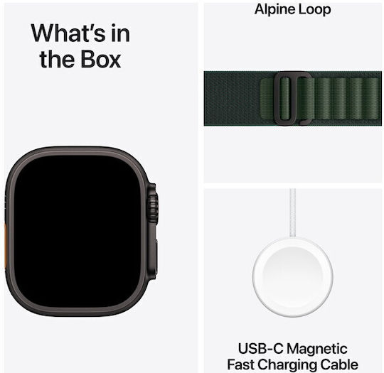 Apple Watch Ultra 2 Титан 49мм Водоустойчив с eSIM и Пулсомер (Black with Dark Green Alpine Loop - Large)