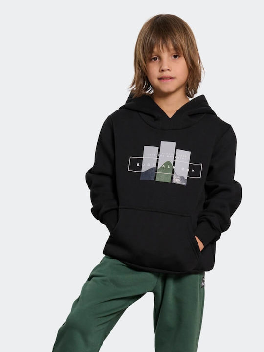 Fleece Παιδικό Φούτερ με Κουκούλα και Τσέπες Μαύρο
