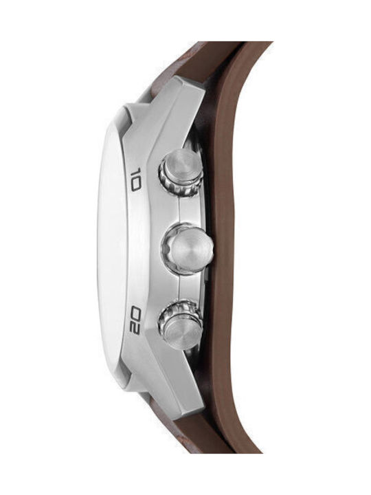 Fossil Ανδρικό Ρολόι 44mm Χρονογράφος Μπαταρίας με Καφέ Δερμάτινο Λουράκι