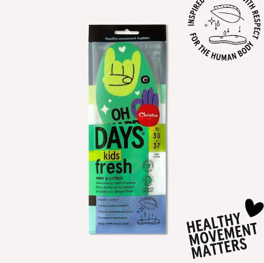 Christou Oh Happy Days Kids Fresh Deodorishing Comfort Insoles Πράσινοι Παιδικοί Αποσμητικοί Αντιμικροβιακοί Πάτοι Βιολογικά Αιθέρια Έλαια Μέντας & Κίτρου 1 Ζευγάρι Κωδ Ch-076 No 23 29