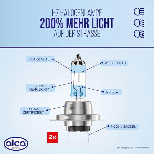Alca Halogen Lamp H7 200% More Light Bulb Vehicle Lamp Car Lighting 12v 55w Base Px26d 2 Pieces