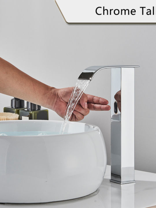 Mixing Waterfall Sink Faucet with Photocell Sensor Silver Mixing Waterfall Sink Faucet with Photocell Sensor Silver