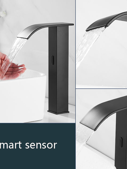 Bathroom Αναμεικτική Μπαταρία Νιπτήρα με Φωτοκύτταρο Καταρράκτης Μαύρη