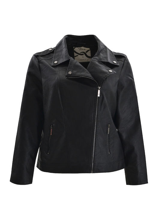 Mat Fashion Women's Long Biker Artificial Leather Jacket for Winter Black