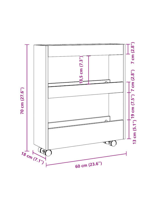 vidaXL Кухненско Тролей Дървен 3 Позиции Сив 60x18x70см