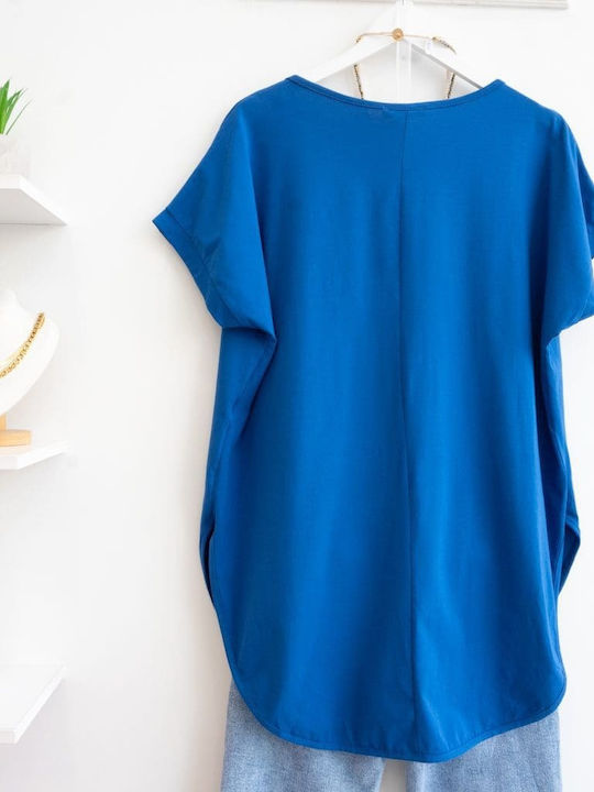 Belle Femme Women's Oversized T-shirt with V Neckline Blue Roulette