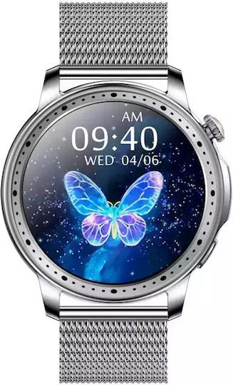 Women's Smart Watch Nubi Km33 Bluetooth Calling Heart Rate Calories Amoled Hd Display Remote Camera Remote Music Notifications Silver
