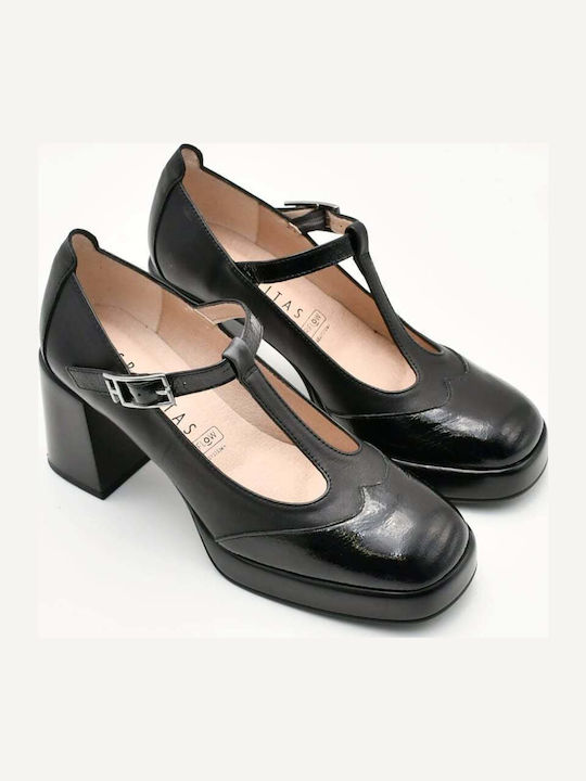 Leder Pumps mit Riemchen Schwarz