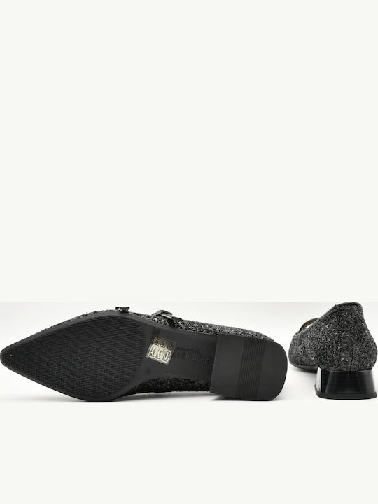 Leather Pointed Toe Black Low Heels with Strap
