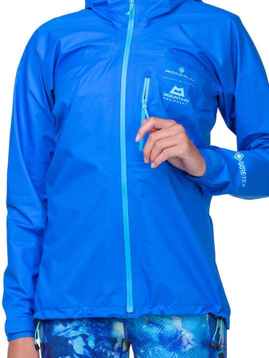 Women's Running Short Sports Hardshell Jacket Waterproof and Windproof for Winter with Hood Elec Blue/aquamint Blue