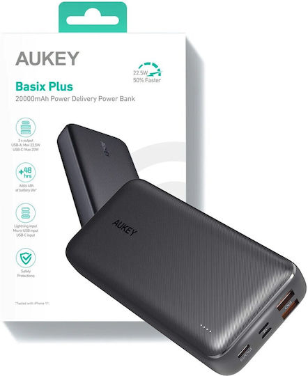 Aukey PB-N74S Basix Plus Baterie Externă 20000mAh 22.5W cu 2 Porturi de Ieșire USB-A și Port de Ieșire USB-C Încărcare Rapidă Neagră