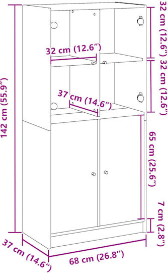 Floor-Standing Living Room Display Cabinet Made of Brown Particle Board 68x37x142 cm