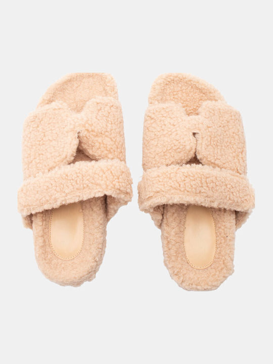 Winter Women's Slippers with Fur Beige