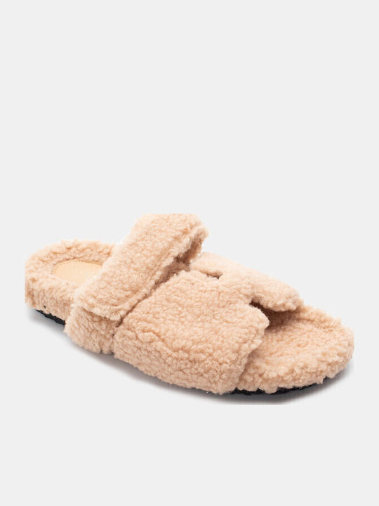 Winter Women's Slippers with Fur Beige