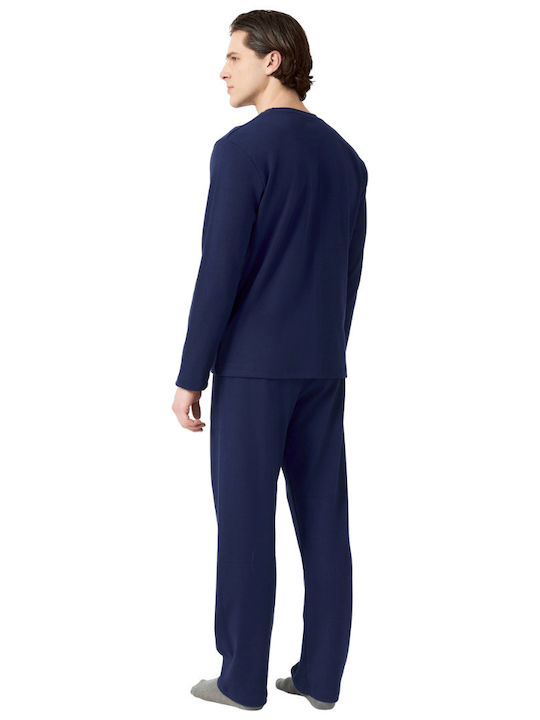 Minerva Bull Punto Di Roma Men's Winter Cotton Pajamas Set Blue Marine