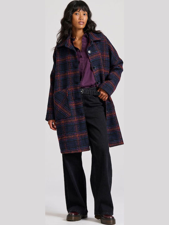 Wool Women's Checked Plaid Coat Oversized with Buttons