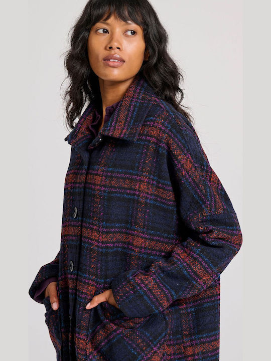 Wool Women's Checked Plaid Coat Oversized with Buttons