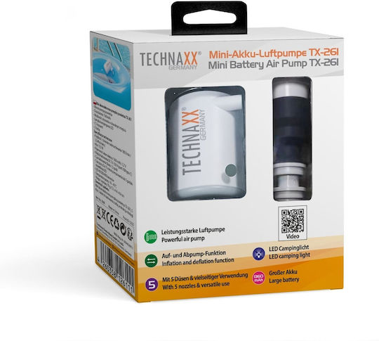 Pompa de aer electrică mini Technaxx Tx-261 13.5w portabilă 1360 mAh baterie lumină LED 5 duze încărcare USB-C albă