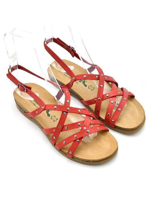 BioNatura Leather Women's Flat Sandals Anatomic in Red Color