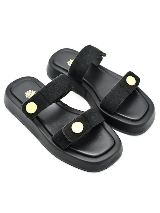 Utopia Sandals Leather Women's Flat Sandals Flatforms in Black Color