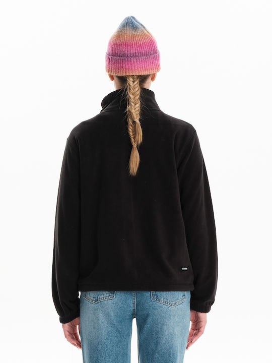 Fleece Γυναικεία Ζακέτα με Φερμουάρ σε Μαύρο Χρώμα