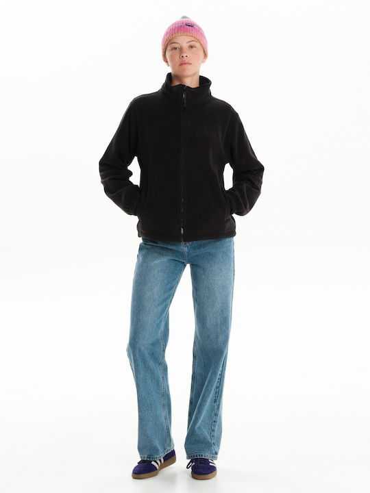 Fleece Γυναικεία Ζακέτα με Φερμουάρ σε Μαύρο Χρώμα