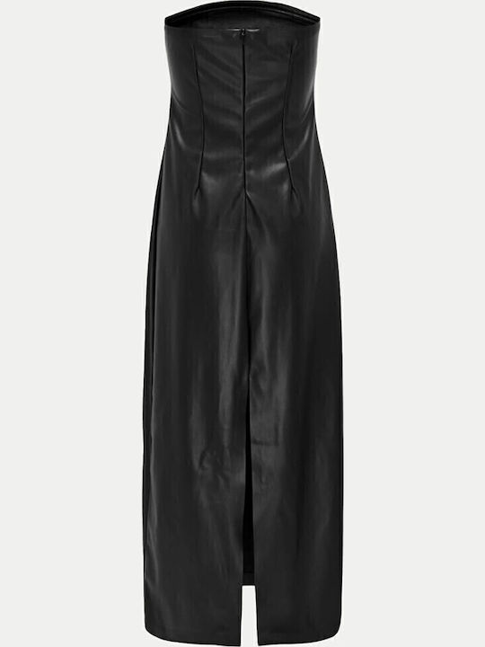 Rochie Midi De Seară Fără Bretele Din Piele Neagră