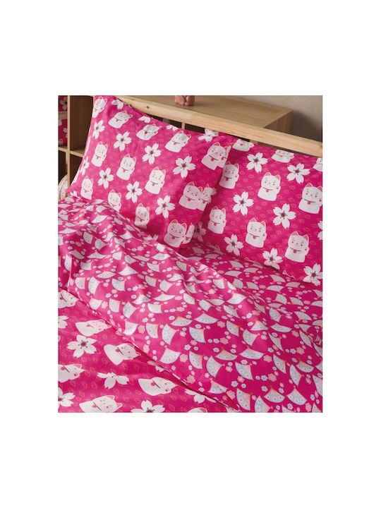 Kentia Σετ Σεντόνια Μονά Βαμβακερά Maneki Φούξια 160x270cm 3τμχ