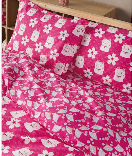 Kentia Σετ Σεντόνια Μονά Βαμβακερά Maneki Φούξια 160x270cm 3τμχ