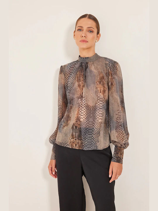 Enzzo Women's Blouse Long Sleeve Animal Print Charcoal