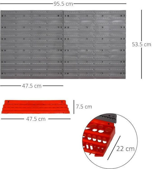 Tool Panel Pp 2 Modules 2 Shelf Support Types 50 Hooks Gray Red Max 30 Kg 95.5x53.5 Cm