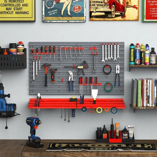 Tool Panel Pp 2 Modules 2 Shelf Support Types 50 Hooks Gray Red Max 30 Kg 95.5x53.5 Cm