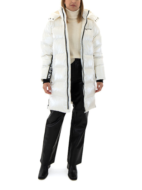 Karl Lagerfeld Women's Long Puffer Jacket for Winter with Hood white