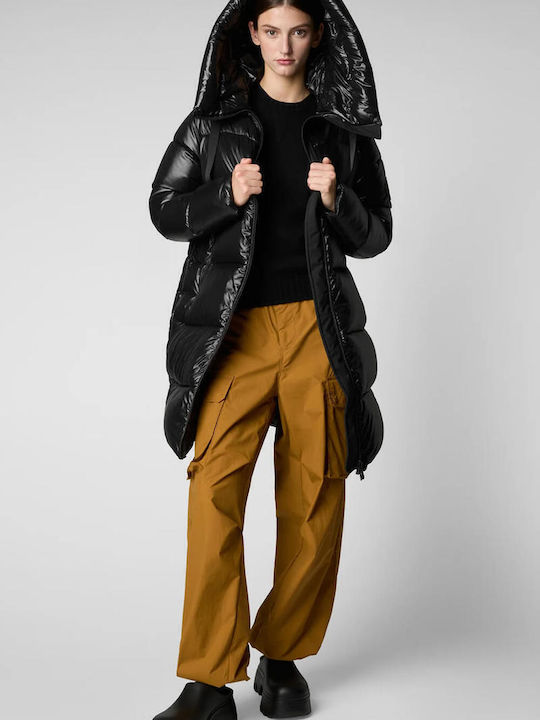 Μακρύ Γυναικείο Puffer Μπουφάν για Χειμώνα Black