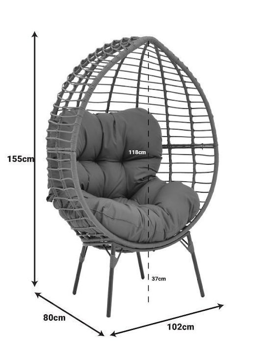 Πολυθρόνα Εξωτερικού Χώρου Rattan Nestie Γκρι-μεταλλικό Γκρι με Μαξιλάρι 102x80x155εκ.