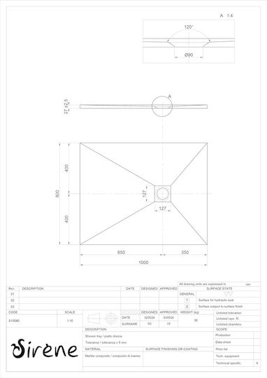 Sirene Slate Ορθογώνια Ακρυλική Ντουζιέρα 100x80cm Λευκή