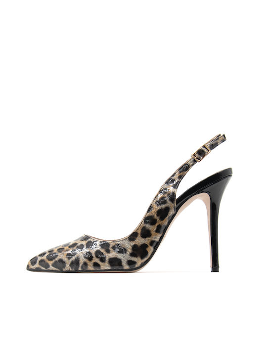 Patent Leather Brown High Heels with Strap Animal Print Slingback