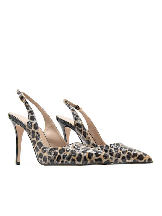 Patent Leather Brown High Heels with Strap Animal Print Slingback