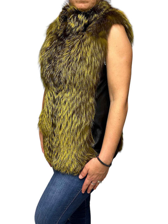 MARKOS LEATHER Women's Sleeveless Short Fur Black With Golden Green Highlights