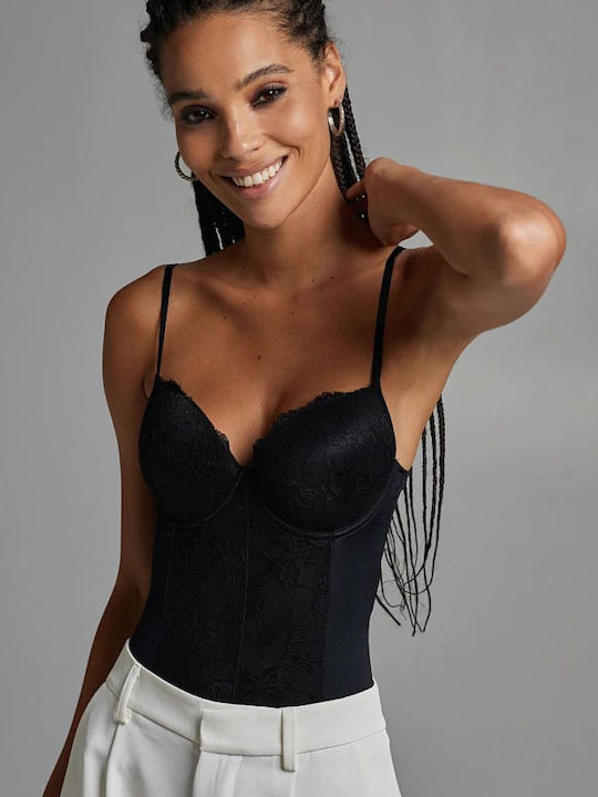 BSB Spaghetti Strap Bodysuit with Lace Regular Fit Black