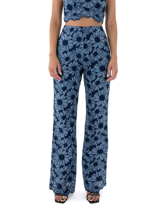 Studio 83 Women's High-waisted Cotton Trousers in Wide Line Floral Blue-Silver