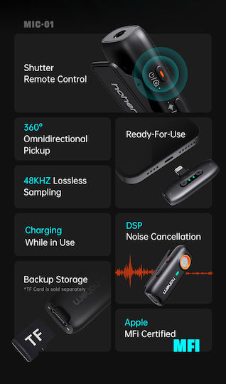 Hohem MIC-01 Lightning Wireless Microphone Πέτου, Clip On for Vocals