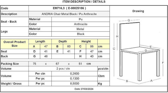 Andria Столички За кухня Черно 2бр 47x60x86бр